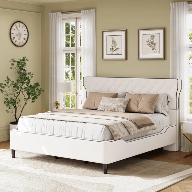 Main image of Queen Size Upholstered Platform Bed with Curved Back Headboard and Button Tufted Design, Platform Bed with Piping Frame