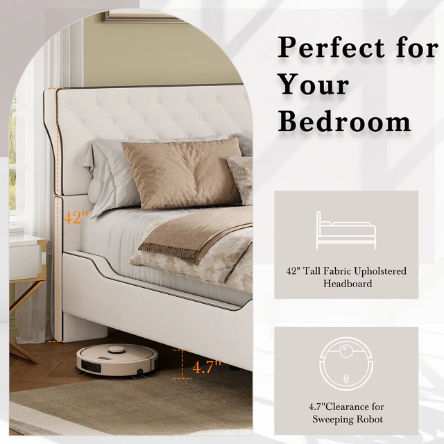 Alt view image 6 of 7 - Queen Size Upholstered Platform Bed with Curved Back Headboard and Button Tufted Design, Platform Bed with Piping Frame