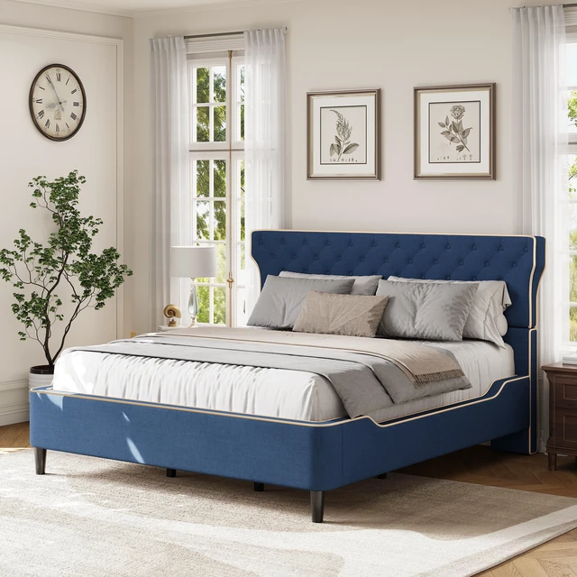 Main image of King Size Upholstered Platform Bed with Curved Back Headboard and Button Tufted Design, Platform Bed with Piping Frame