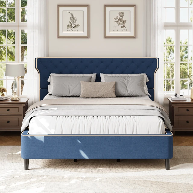 Alt view image 2 of 7 - King Size Upholstered Platform Bed with Curved Back Headboard and Button Tufted Design, Platform Bed with Piping Frame