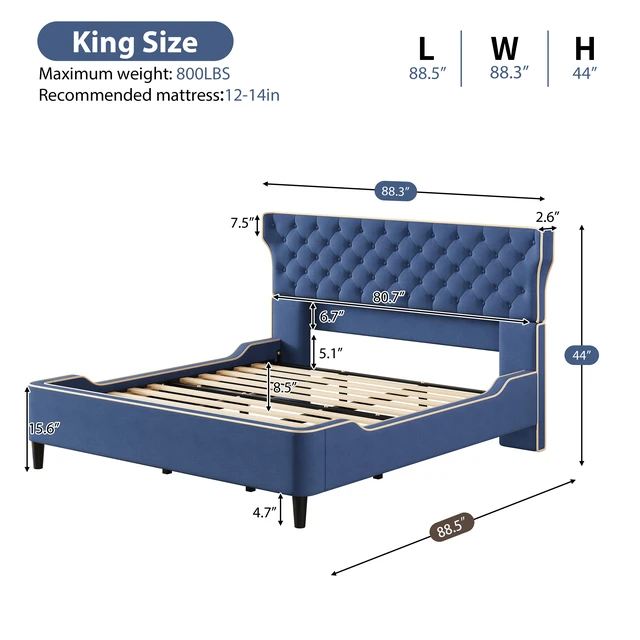 Alt view image 3 of 7 - King Size Upholstered Platform Bed with Curved Back Headboard and Button Tufted Design, Platform Bed with Piping Frame