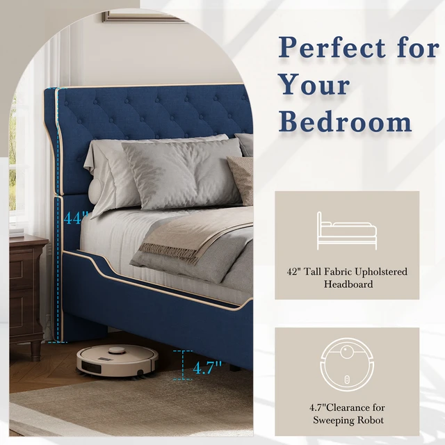 Alt view image 6 of 7 - King Size Upholstered Platform Bed with Curved Back Headboard and Button Tufted Design, Platform Bed with Piping Frame