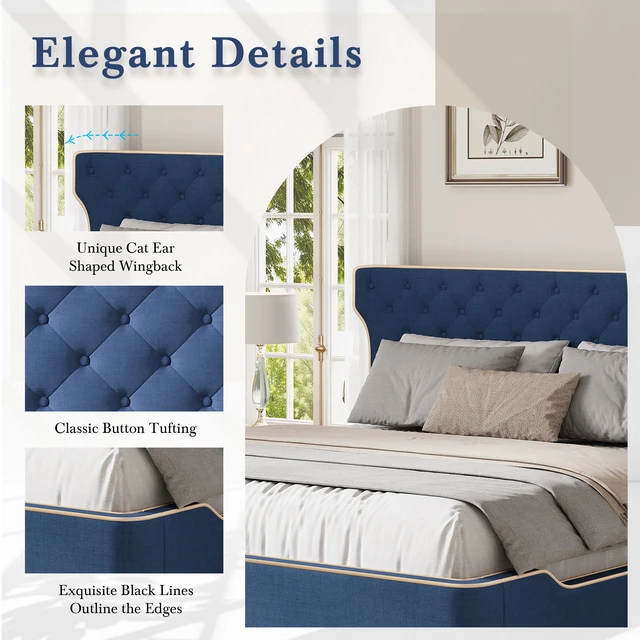Alt view image 4 of 7 - King Size Upholstered Platform Bed with Curved Back Headboard and Button Tufted Design, Platform Bed with Piping Frame