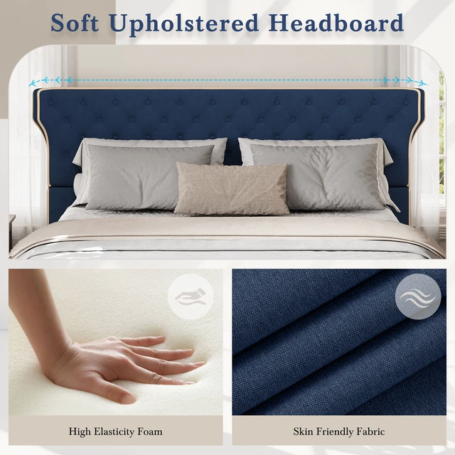 Alt view image 5 of 7 - King Size Upholstered Platform Bed with Curved Back Headboard and Button Tufted Design, Platform Bed with Piping Frame