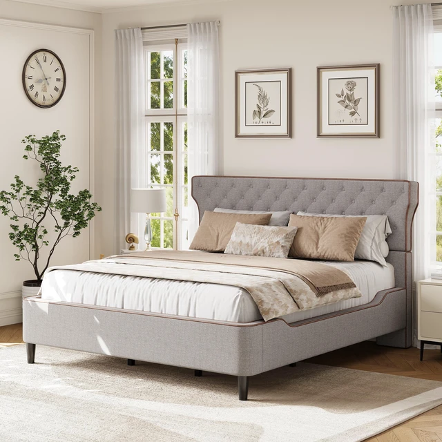 Main image of King Size Upholstered Platform Bed with Curved Back Headboard and Button Tufted Design, Platform Bed with Piping Frame