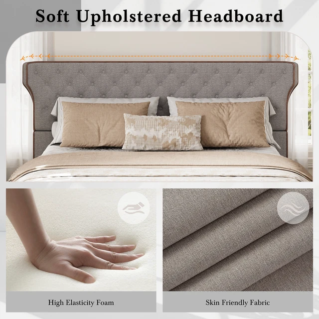 Alt view image 5 of 7 - King Size Upholstered Platform Bed with Curved Back Headboard and Button Tufted Design, Platform Bed with Piping Frame