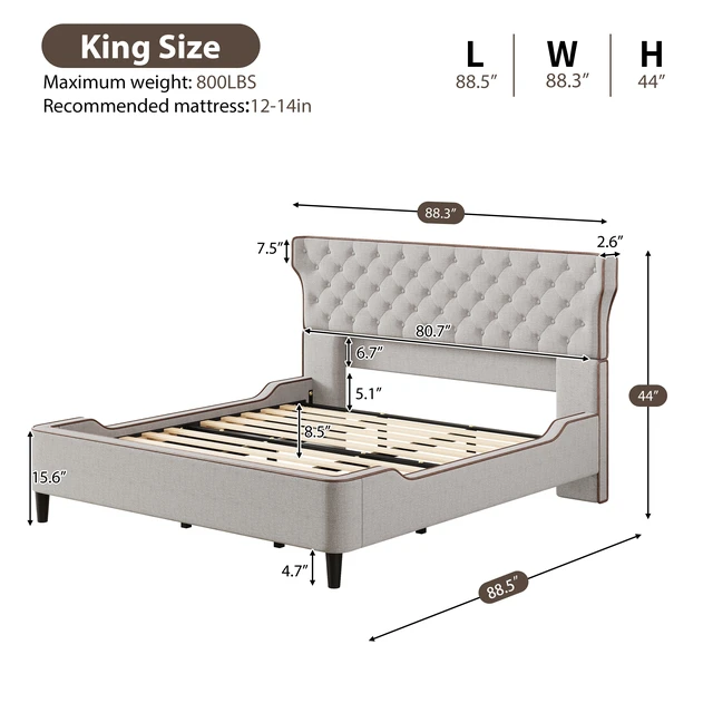 Alt view image 3 of 7 - King Size Upholstered Platform Bed with Curved Back Headboard and Button Tufted Design, Platform Bed with Piping Frame