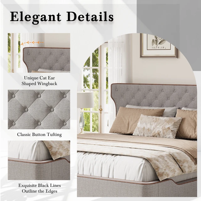 Alt view image 4 of 7 - King Size Upholstered Platform Bed with Curved Back Headboard and Button Tufted Design, Platform Bed with Piping Frame