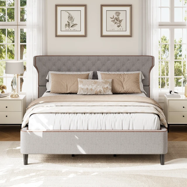 Alt view image 2 of 7 - King Size Upholstered Platform Bed with Curved Back Headboard and Button Tufted Design, Platform Bed with Piping Frame