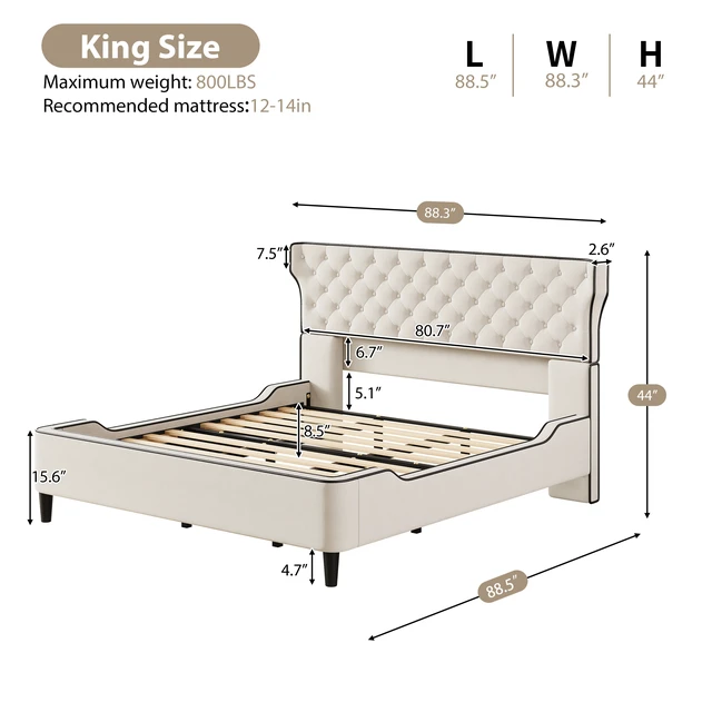 Alt view image 3 of 7 - King Size Upholstered Platform Bed with Curved Back Headboard and Button Tufted Design, Platform Bed with Piping Frame