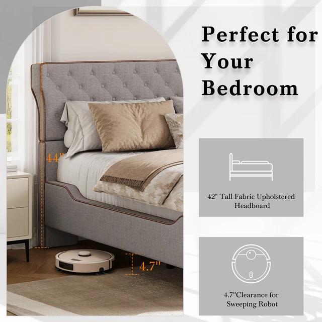 Alt view image 6 of 7 - King Size Upholstered Platform Bed with Curved Back Headboard and Button Tufted Design, Platform Bed with Piping Frame