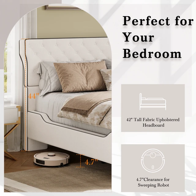 Alt view image 6 of 7 - King Size Upholstered Platform Bed with Curved Back Headboard and Button Tufted Design, Platform Bed with Piping Frame