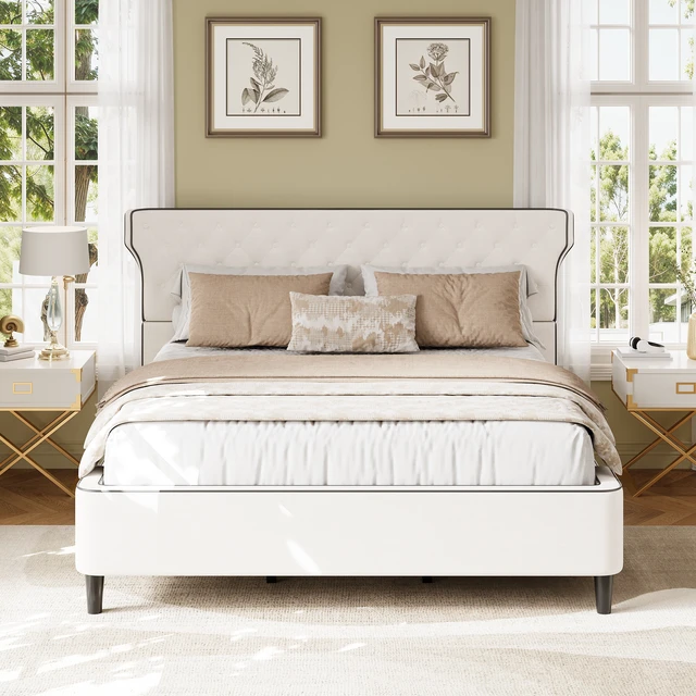 Alt view image 2 of 7 - King Size Upholstered Platform Bed with Curved Back Headboard and Button Tufted Design, Platform Bed with Piping Frame