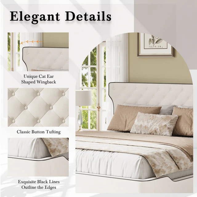 Alt view image 4 of 7 - King Size Upholstered Platform Bed with Curved Back Headboard and Button Tufted Design, Platform Bed with Piping Frame