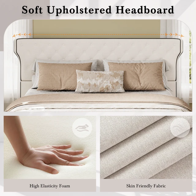Alt view image 5 of 7 - King Size Upholstered Platform Bed with Curved Back Headboard and Button Tufted Design, Platform Bed with Piping Frame