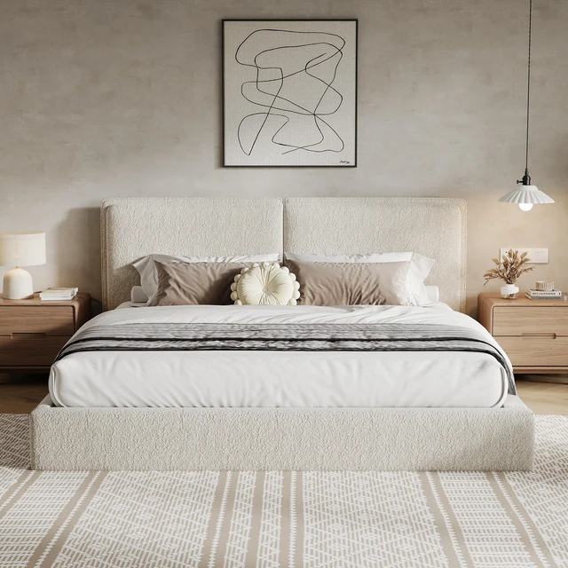 Main image of Double Pillow Upholstered Design, Skin Textured Fabric King, Beige Cream, Wood and Fabric, Beds Frames Bases
