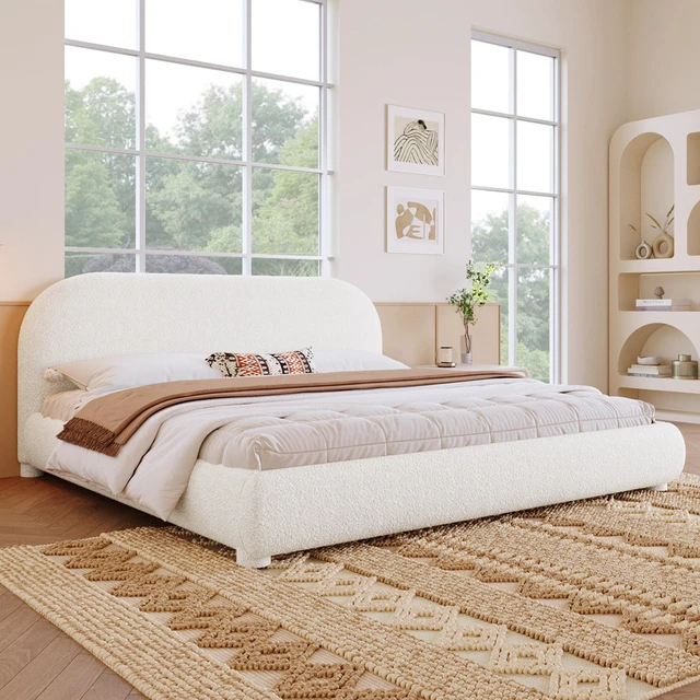 Alt view image 2 of 7 - Fabric Upholstered Bed, Simple Double Bed King, Cream, Wood and Fabric, Beds Frames Bases
