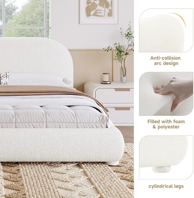 Alt view image 3 of 7 - Fabric Upholstered Bed, Simple Double Bed King, Cream, Wood and Fabric, Beds Frames Bases