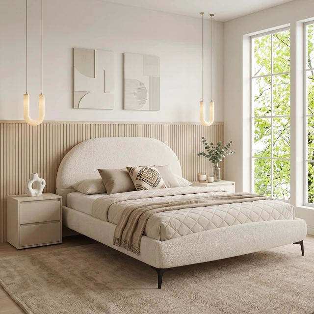 Alt view image 2 of 7 - Bouclé Upholstered Bed Frame, Queen Size Platform Bed with Curved Headboard 41 Inch High Padded Noise Slat Support Box