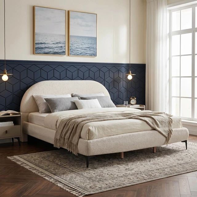 Alt view image 3 of 7 - Bouclé Upholstered Bed Frame, Queen Size Platform Bed with Curved Headboard 41 Inch High Padded Noise Slat Support Box