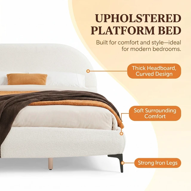 Alt view image 6 of 7 - Bouclé Upholstered Bed Frame, Queen Size Platform Bed with Curved Headboard 41 Inch High Padded Noise Slat Support Box