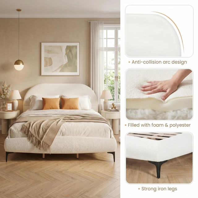 Alt view image 4 of 7 - Bouclé Upholstered Bed Frame, Queen Size Platform Bed with Curved Headboard 41 Inch High Padded Noise Slat Support Box