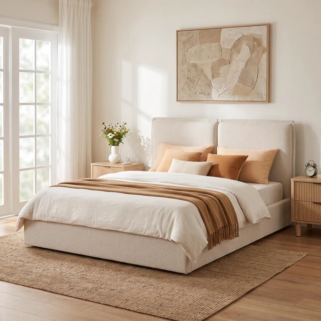 Main image of Double Pillow Upholstered Design, Skin Textured Fabric Queen, Beige, Wood and Fabric, Beds Frames Bases