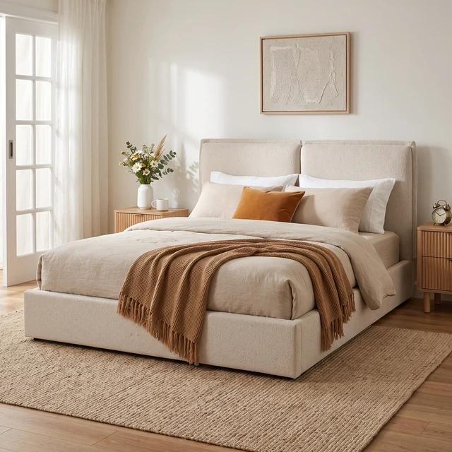 Alt view image 2 of 7 - Double Pillow Upholstered Design, Skin Textured Fabric Queen, Beige, Wood and Fabric, Beds Frames Bases