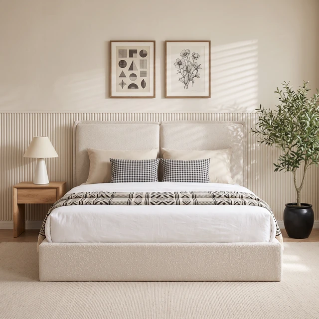 Alt view image 3 of 7 - Double Pillow Upholstered Design, Skin Textured Fabric Queen, Beige, Wood and Fabric, Beds Frames Bases