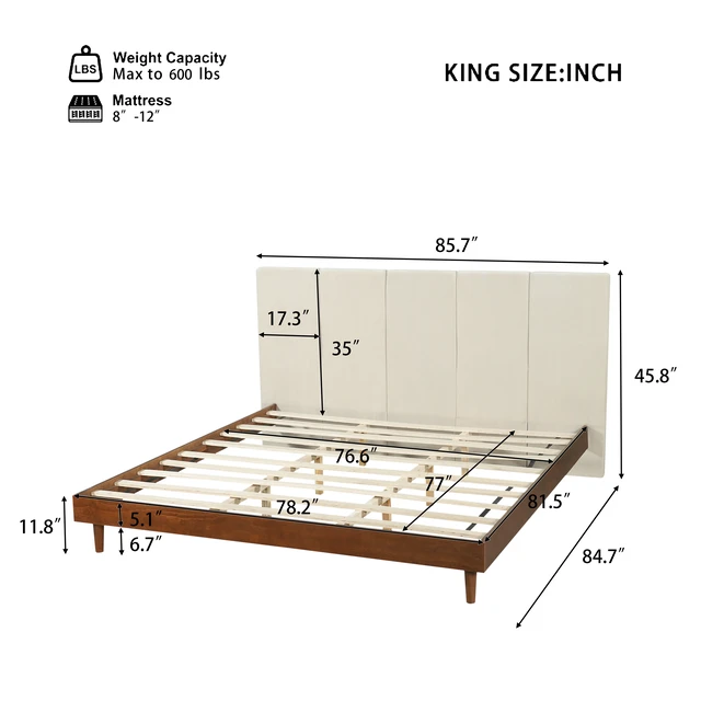 Alt view image 2 of 6 - King Size Upholstered Platform Bed Frame, Wood Base with Chenille Vertical Headboard Solid and Manufactured Capacity