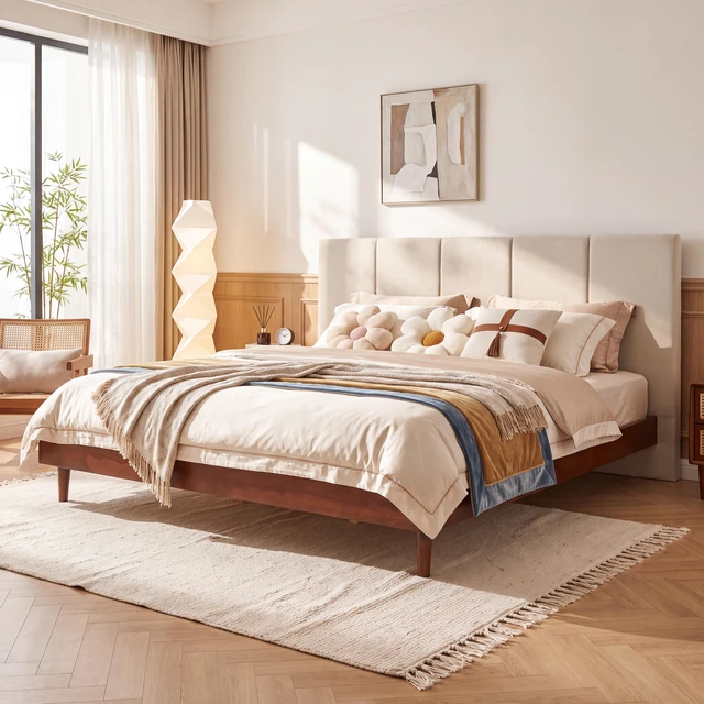 Main image of King Size Upholstered Platform Bed Frame, Wood Base with Chenille Vertical Headboard Solid and Manufactured Capacity