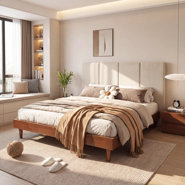 Main image of Queen Size Upholstered Platform Bed Frame, Wood Base Chenille Vertical Headboard Solid and Manufactured Slats Capacity