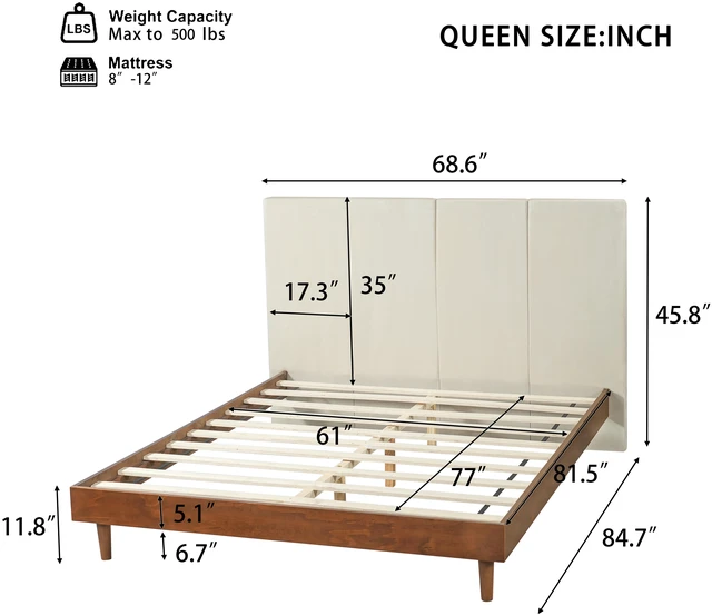 Alt view image 2 of 7 - Queen Size Upholstered Platform Bed Frame, Wood Base Chenille Vertical Headboard Solid and Manufactured Slats Capacity
