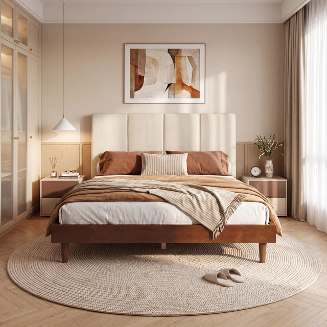 Alt view image 3 of 7 - Queen Size Upholstered Platform Bed Frame, Wood Base Chenille Vertical Headboard Solid and Manufactured Slats Capacity