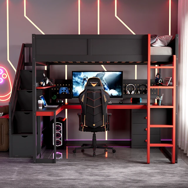 Alt view image 2 of 7 - Full Size Wooden Gaming Loft Bed with Storage Stairs, Desk Shelves and Pegboard, Black Red, Wood, Beds Frames Bases