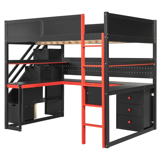 Alt view image 4 of 7 - Full Size Wooden Gaming Loft Bed with Storage Stairs, Desk Shelves and Pegboard, Black Red, Wood, Beds Frames Bases