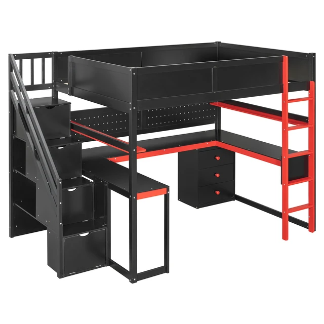 Alt view image 5 of 7 - Full Size Wooden Gaming Loft Bed with Storage Stairs, Desk Shelves and Pegboard, Black Red, Wood, Beds Frames Bases