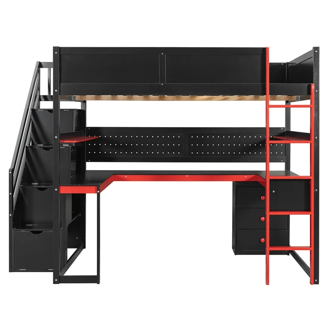 Alt view image 3 of 7 - Full Size Wooden Gaming Loft Bed with Storage Stairs, Desk Shelves and Pegboard, Black Red, Wood, Beds Frames Bases
