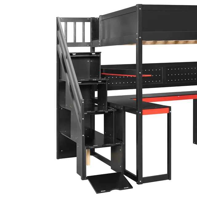 Alt view image 7 of 7 - Full Size Wooden Gaming Loft Bed with Storage Stairs, Desk Shelves and Pegboard, Black Red, Wood, Beds Frames Bases