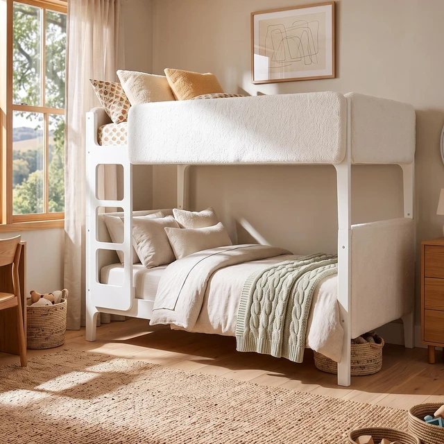 Main image of Twin Over Twin Upholstered Bunk Bed for Kids, Sherpa Fabric Bunk Bed with Padded Headboard Footboard and Guardrails