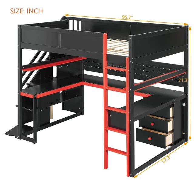 Alt view image 6 of 7 - Full Size Wooden Gaming Loft Bed with Storage Stairs, Desk Shelves and Pegboard, Black Red, Wood, Beds Frames Bases