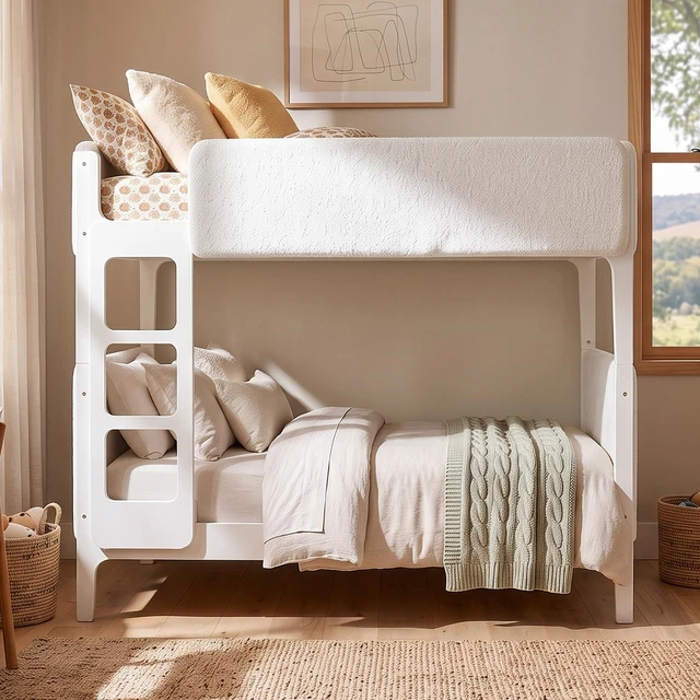 Alt view image 2 of 7 - Twin Over Twin Upholstered Bunk Bed for Kids, Sherpa Fabric Bunk Bed with Padded Headboard Footboard and Guardrails