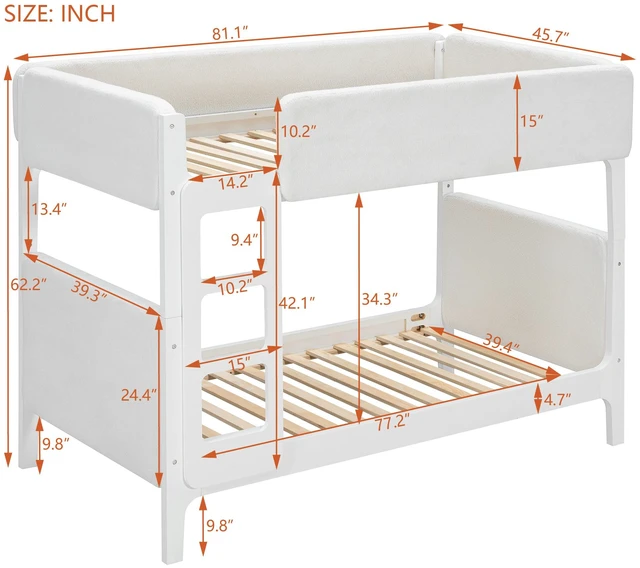 Alt view image 6 of 7 - Twin Over Twin Upholstered Bunk Bed for Kids, Sherpa Fabric Bunk Bed with Padded Headboard Footboard and Guardrails