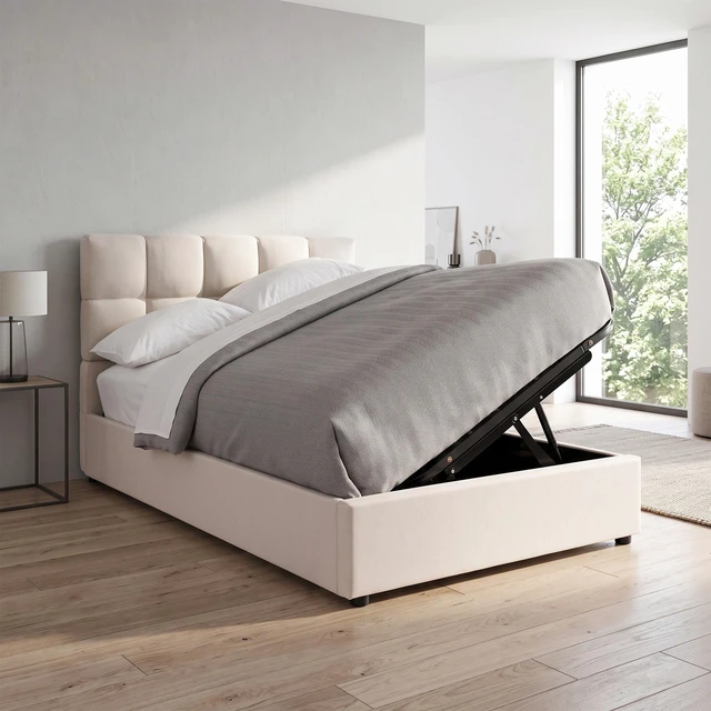Main image of Twin Size Upholstered Platform Bed with Hydraulic Storage System, Beige, Linen, Beds Frames Bases