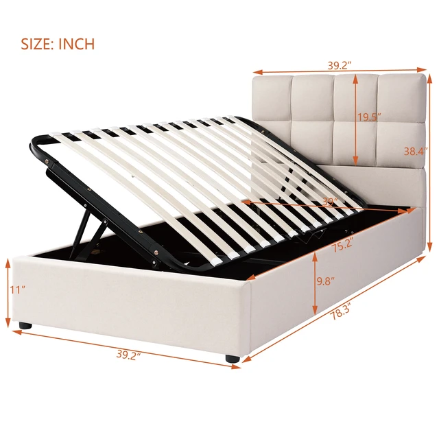 Alt view image 6 of 7 - Twin Size Upholstered Platform Bed with Hydraulic Storage System, Beige, Linen, Beds Frames Bases