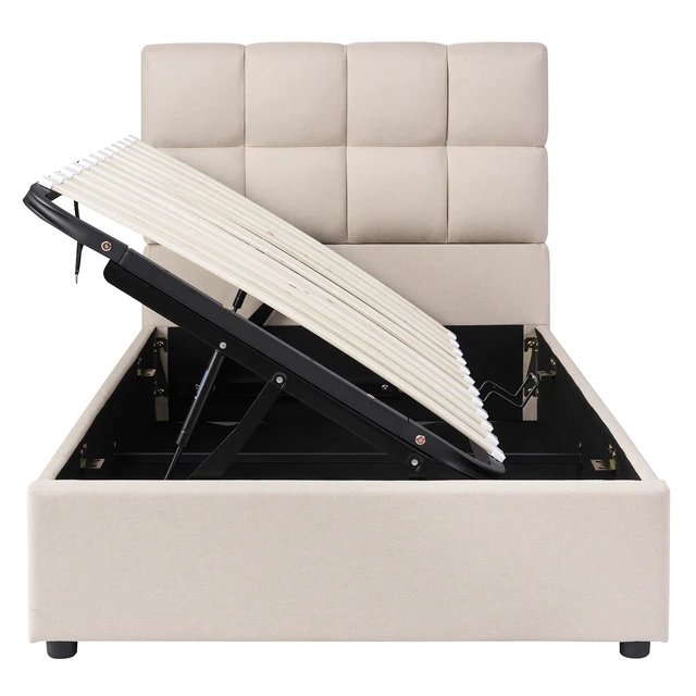 Alt view image 4 of 7 - Twin Size Upholstered Platform Bed with Hydraulic Storage System, Beige, Linen, Beds Frames Bases