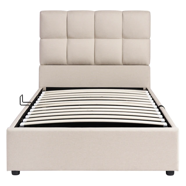 Alt view image 3 of 7 - Twin Size Upholstered Platform Bed with Hydraulic Storage System, Beige, Linen, Beds Frames Bases