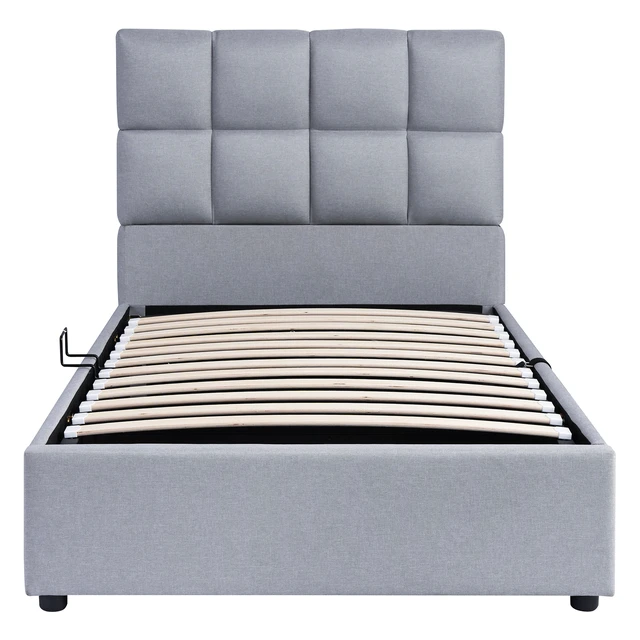 Alt view image 3 of 7 - Twin Size Upholstered Platform Bed with Hydraulic Storage System, Gray, Linen, Beds Frames Bases