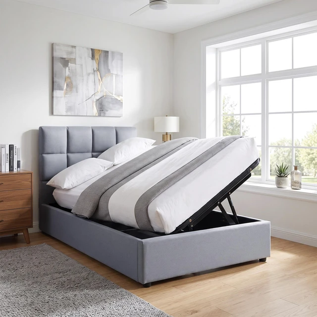 Main image of Twin Size Upholstered Platform Bed with Hydraulic Storage System, Gray, Linen, Beds Frames Bases
