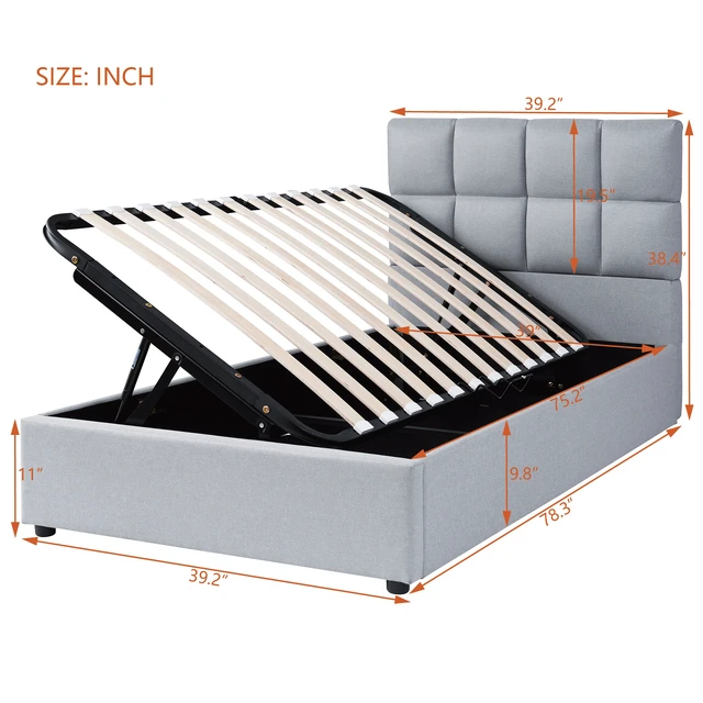 Alt view image 6 of 7 - Twin Size Upholstered Platform Bed with Hydraulic Storage System, Gray, Linen, Beds Frames Bases
